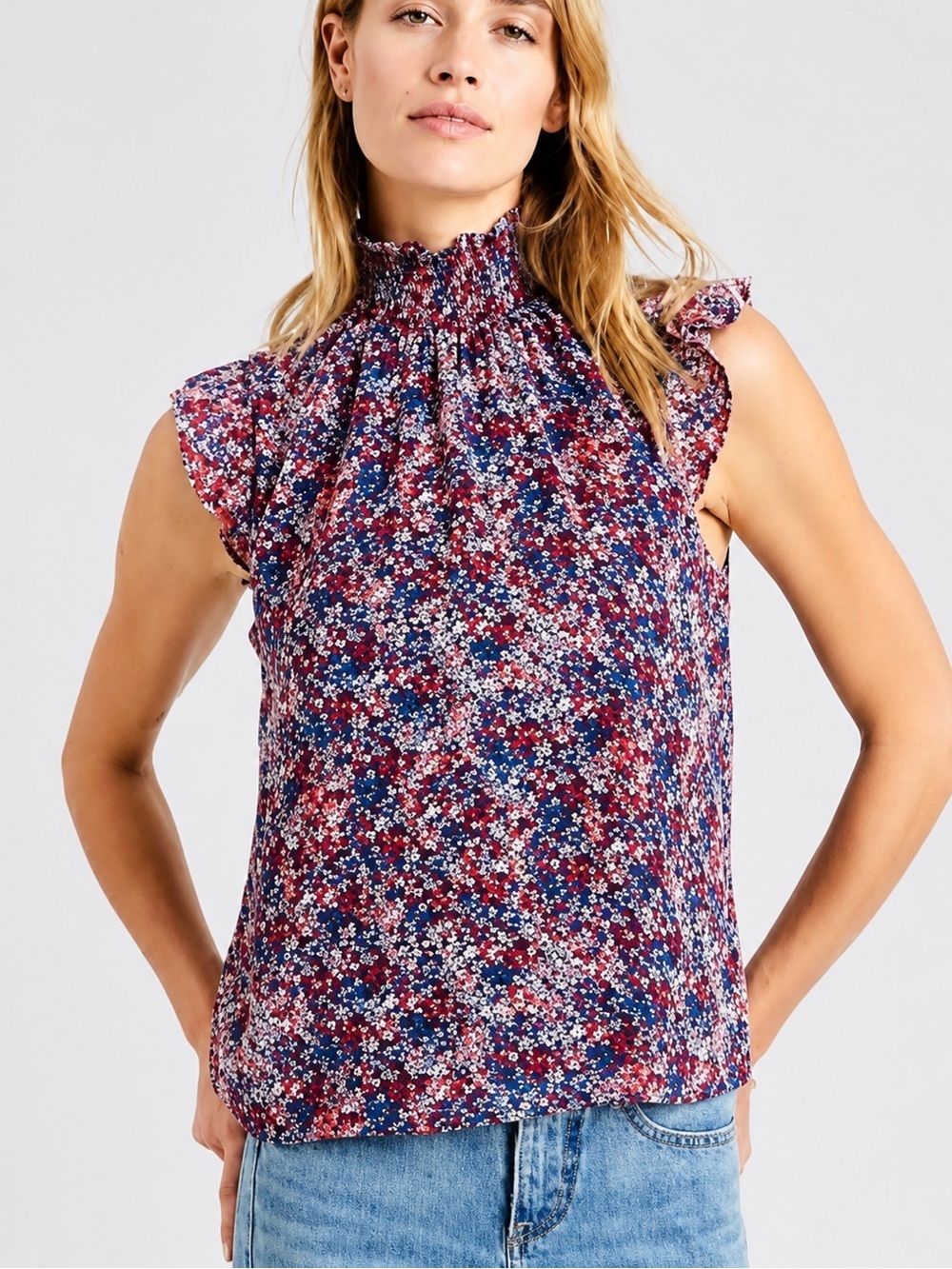 Banana Republic Factory Floral Smocked Neck Ruffle Cap Sleeve Blouse Top L
